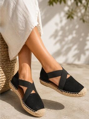 Fabiolas Black Suede Espadrille Flats Criss Cross Sandals 8.5 Boho Coastal NWOT
